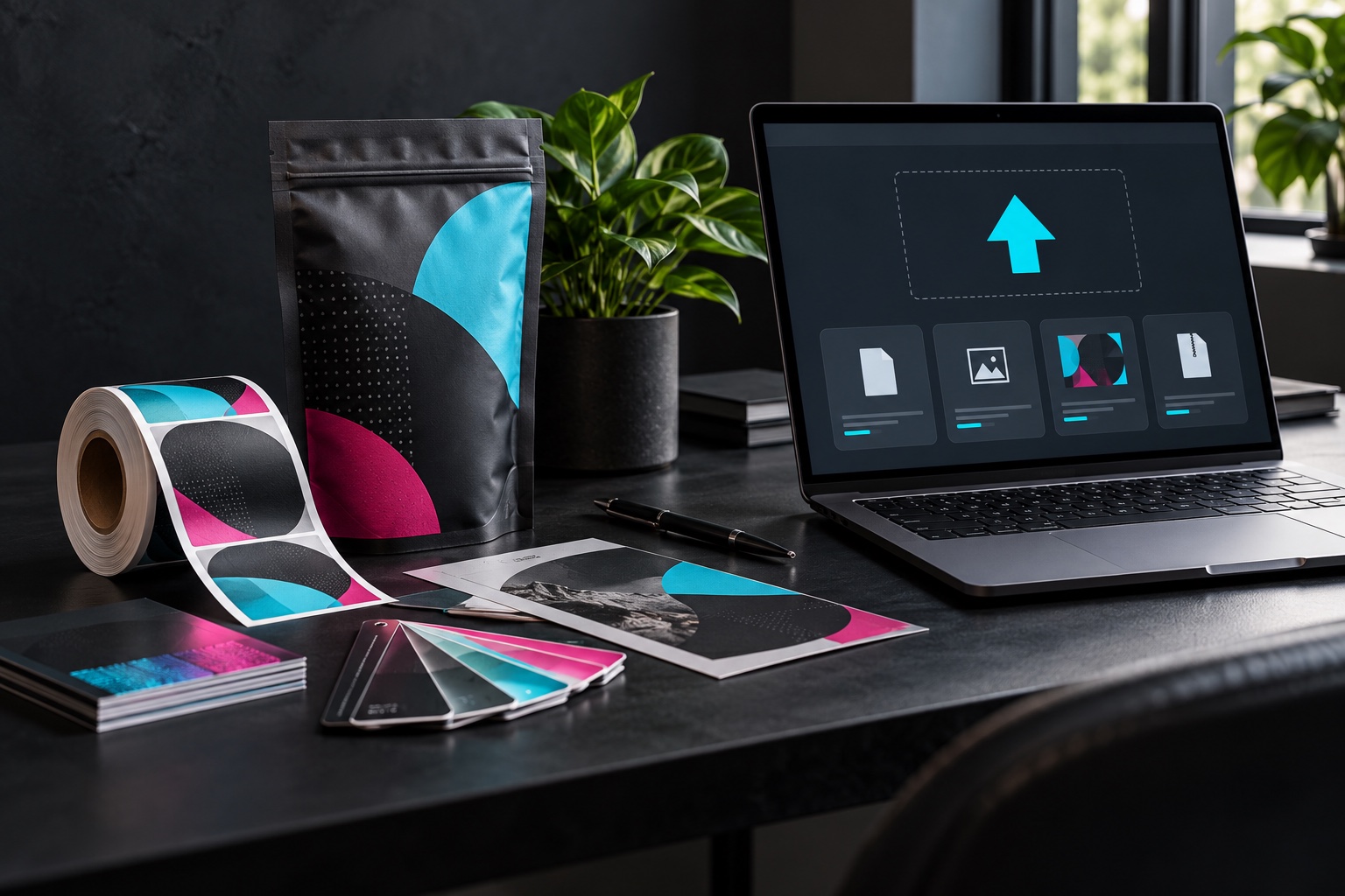 Graphic design desk with a laptop displaying a file upload symbol, label swatches and packaging